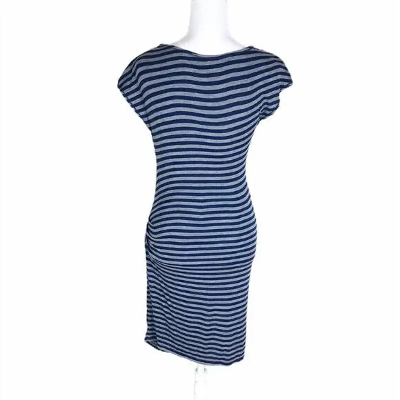 Max Studio Navy Blue Grey Striped Short Sleeve Cowl Neck Ruched Side Dress Small - Picture 3 of 7